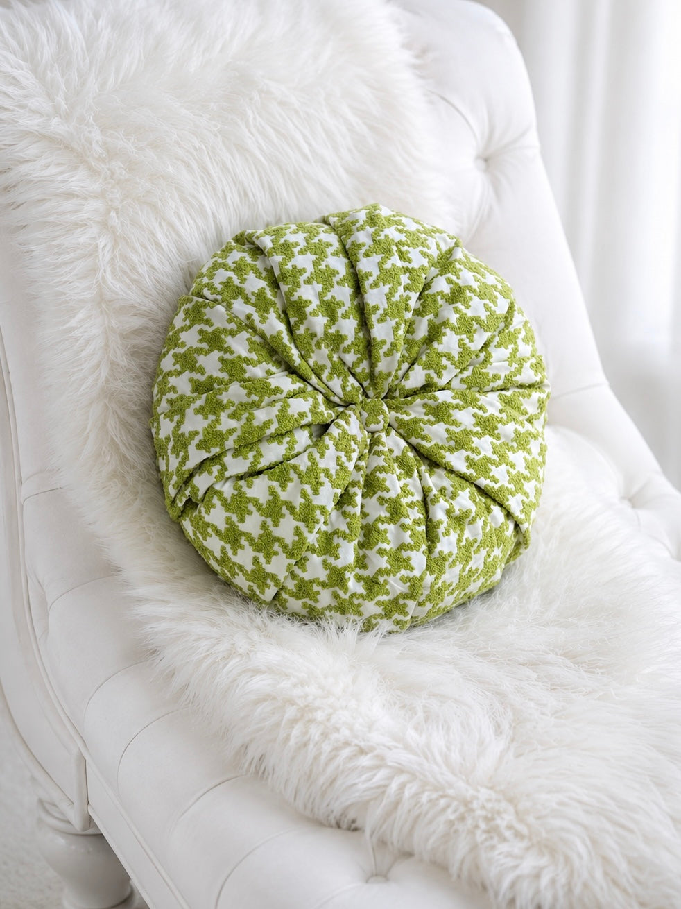 18” Handmade Round Tufted Pillow – Sage Green Accent Pillow, Cottage Chic Throw Pillow, Elegant Decorative Cushion, Luxury Handmade Home Decor
