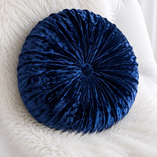 16” Handmade Royal Blue Tufted Pillow | Round Velvety Accent Cushion | Luxury Decorative Throw Pillow | Glam Home Décor