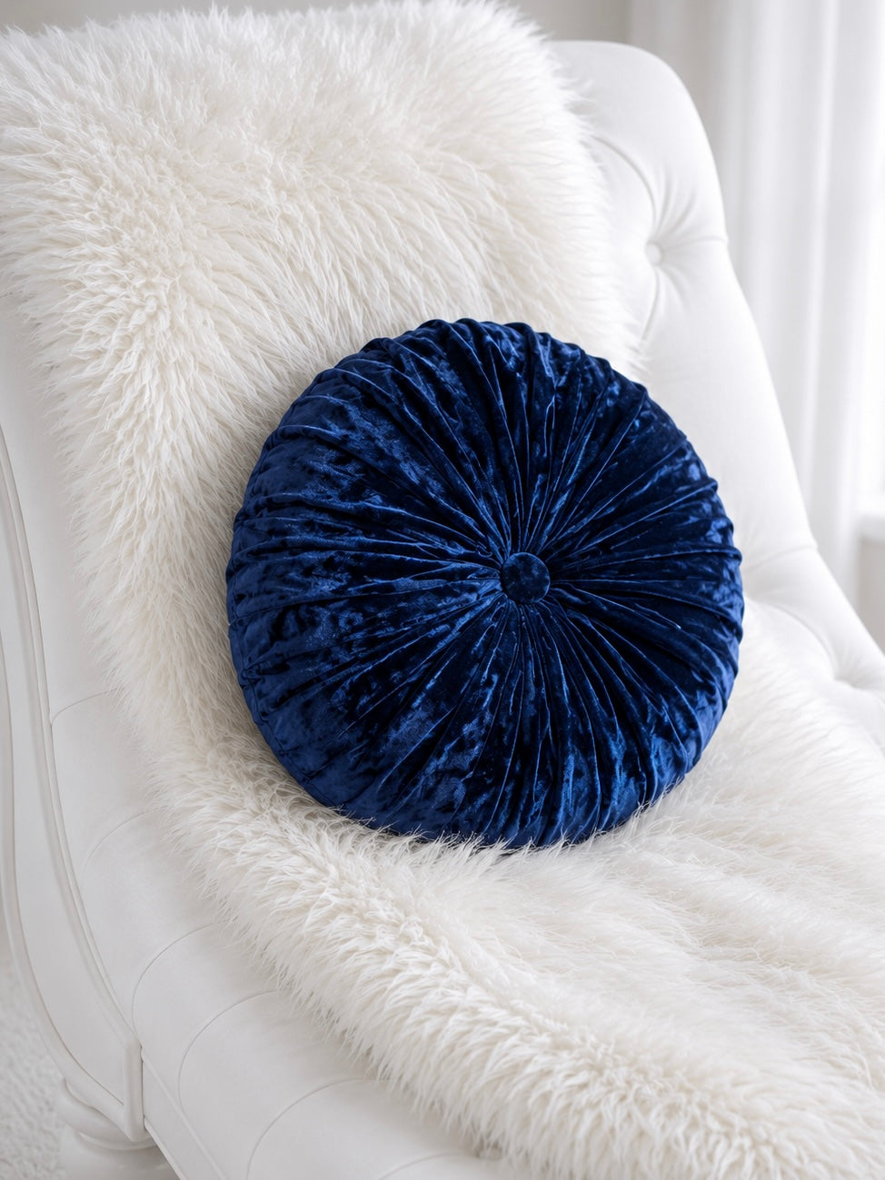 16” Handmade Royal Blue Tufted Pillow | Round Velvety Accent Cushion | Luxury Decorative Throw Pillow | Glam Home Décor