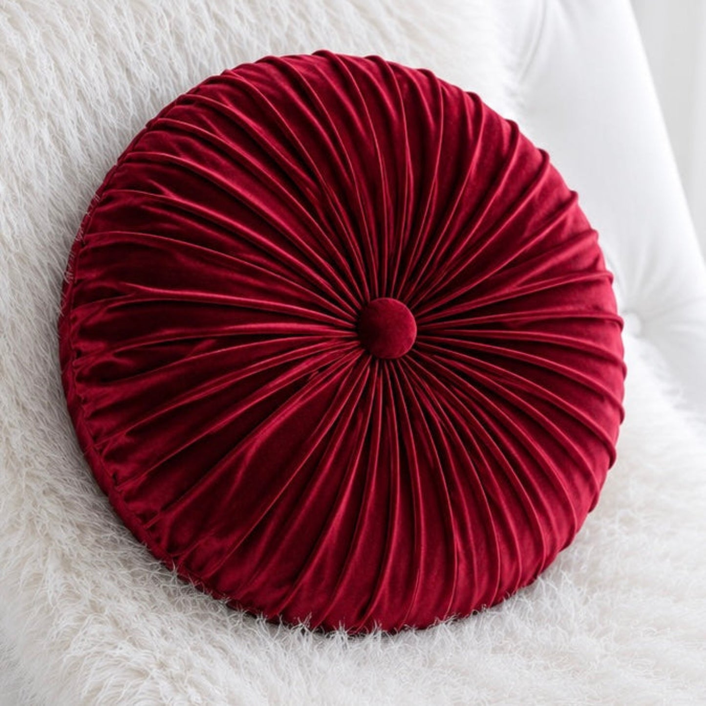 18” Handmade Burgundy  Tufted Pillow | Round Pleated Accent Cushion | Luxury Glam Home Décor | Decorative Throw Pillow