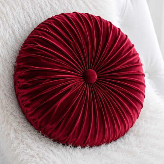 18” Handmade Burgundy  Tufted Pillow | Round Pleated Accent Cushion | Luxury Glam Home Décor | Decorative Throw Pillow