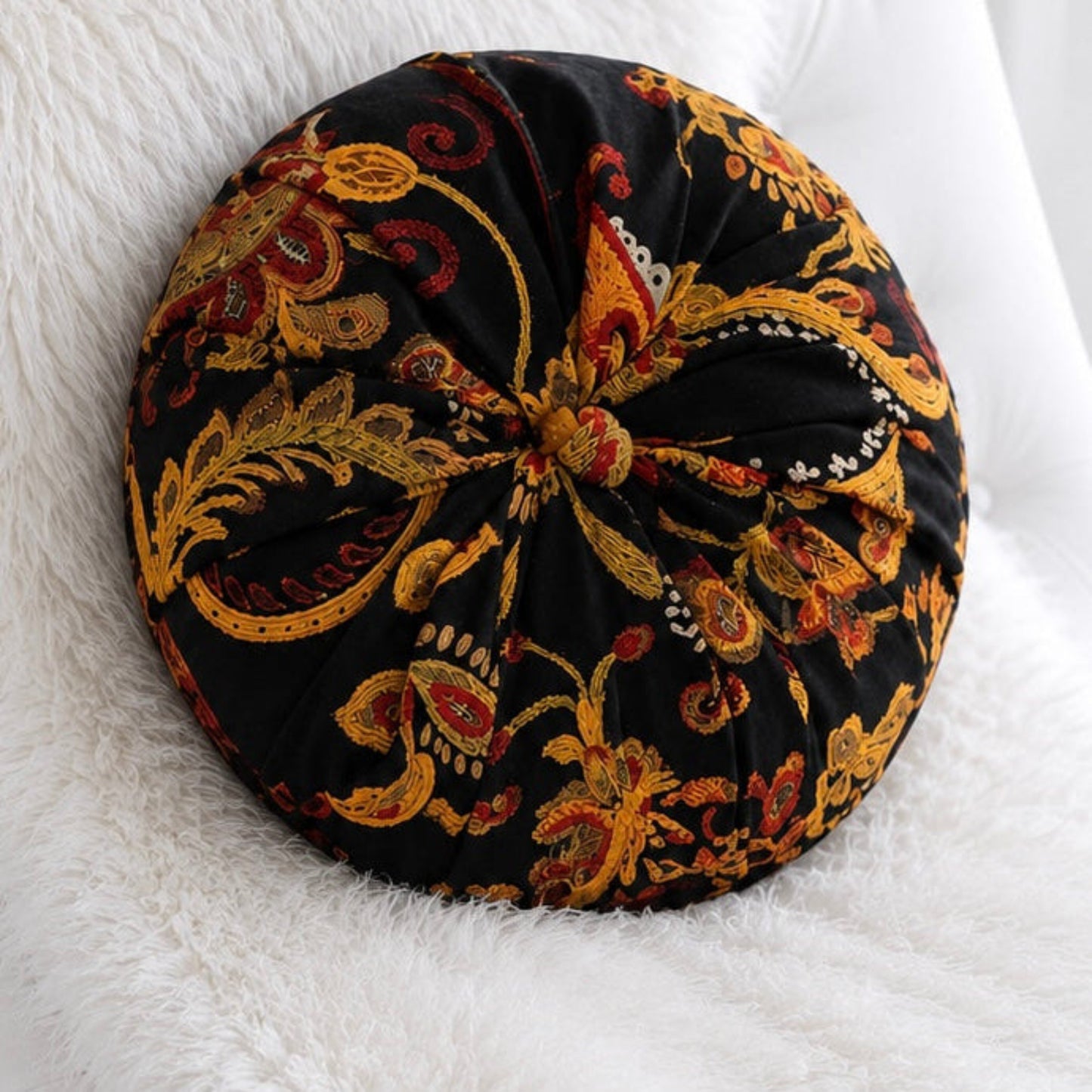 16” Handmade Tufted Decorative Pillow – Luxury Black & Gold Accent Pillow, Round Designer Throw Pillow, Elegant Vintage Inspired Home Decor