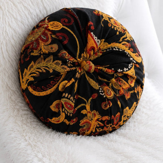 16” Handmade Tufted Decorative Pillow – Luxury Black & Gold Accent Pillow, Round Designer Throw Pillow, Elegant Vintage Inspired Home Decor