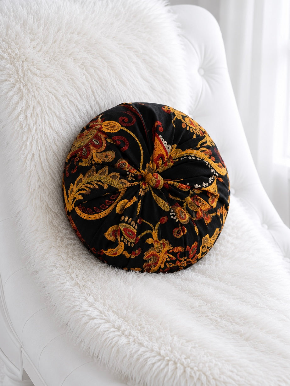 16” Handmade Tufted Decorative Pillow – Luxury Black & Gold Accent Pillow, Round Designer Throw Pillow, Elegant Vintage Inspired Home Decor