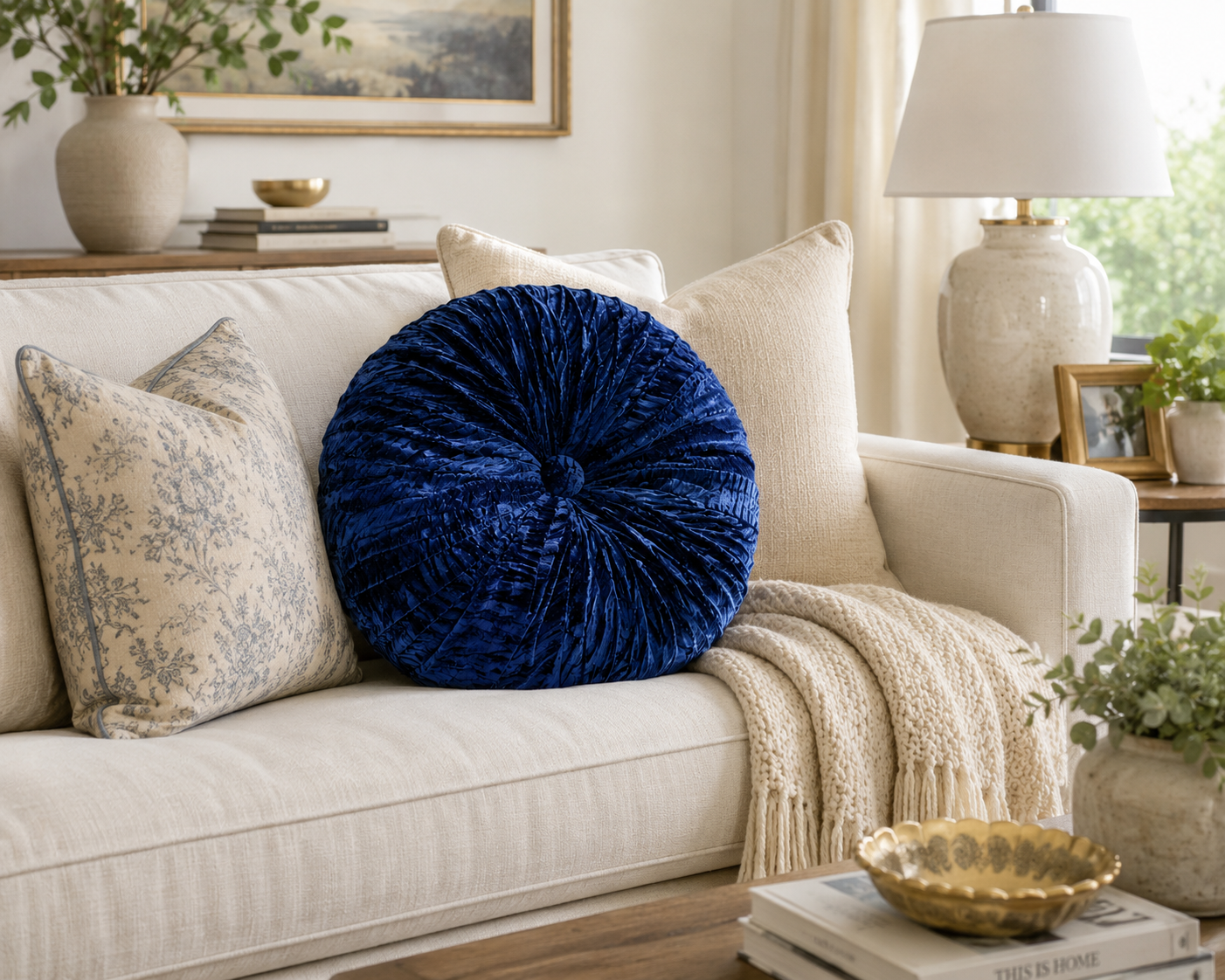 18” Handmade Navy Blue Ribbed Tufted Accent Pillow