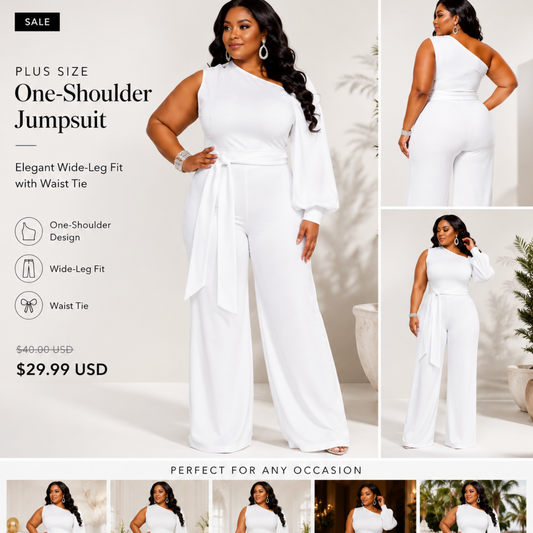 Plus Size One-Shoulder Jumpsuit – Elegant Wide-Leg Fit with Waist Tie