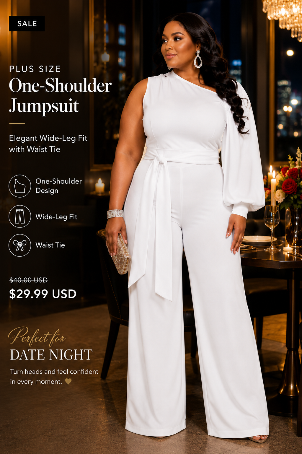 Plus Size One-Shoulder Jumpsuit – Elegant Wide-Leg Fit with Waist Tie