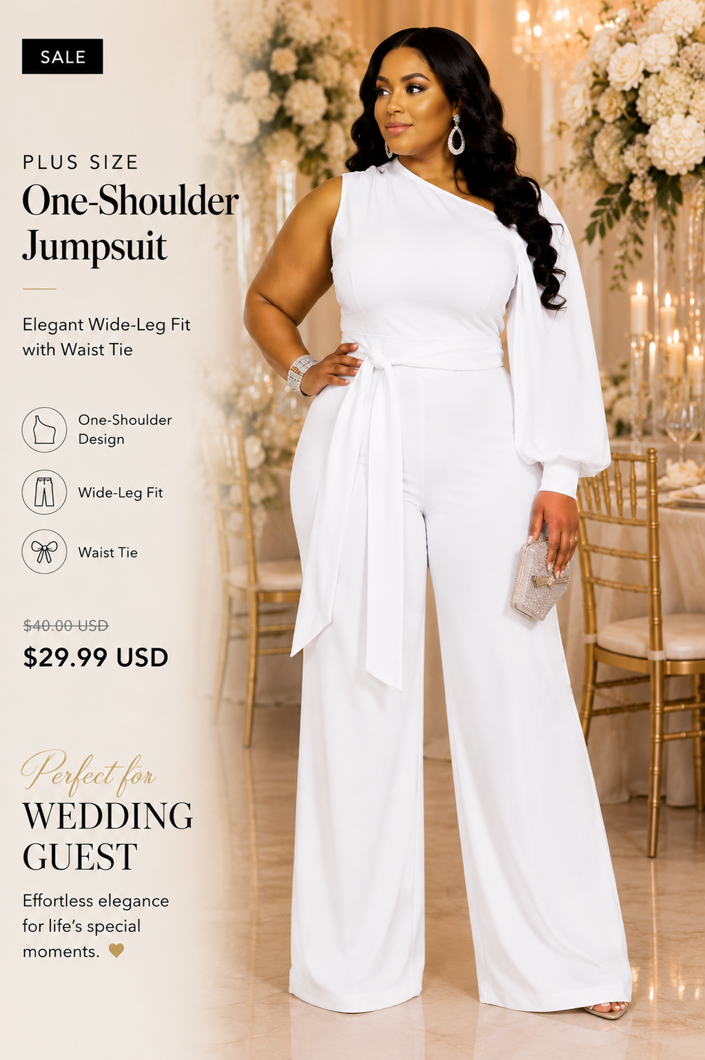 Plus Size One-Shoulder Jumpsuit – Elegant Wide-Leg Fit with Waist Tie
