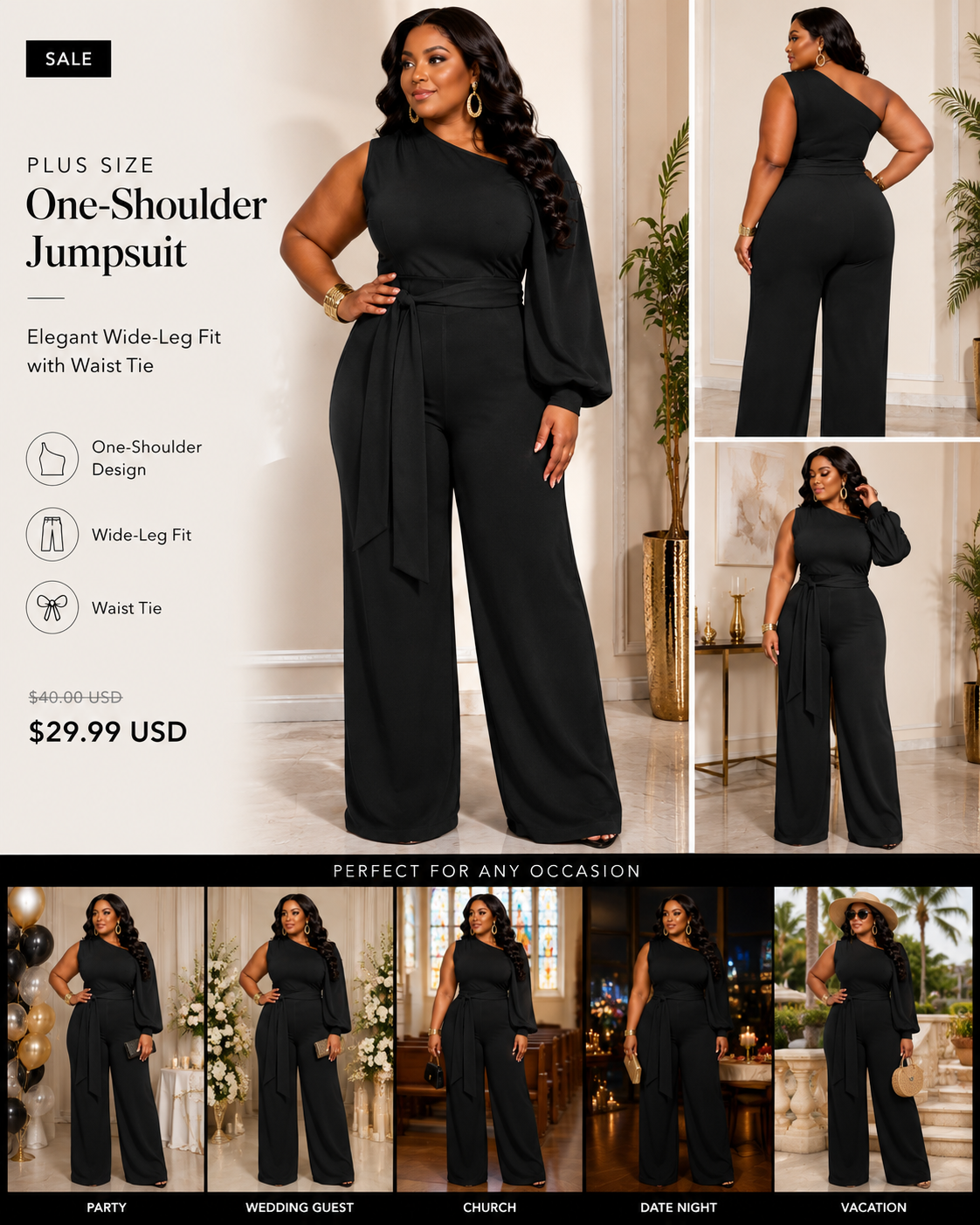 Plus Size One-Shoulder Jumpsuit – Elegant Wide-Leg Fit with Waist Tie