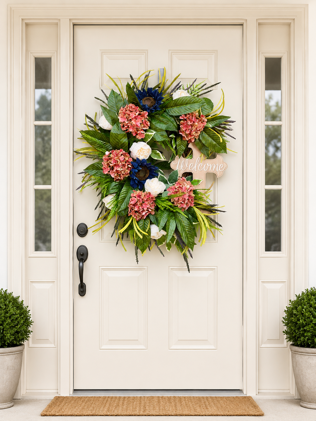 Spring/Summer Front Door Wreath, Pink Hydrangea & Navy Wreath,