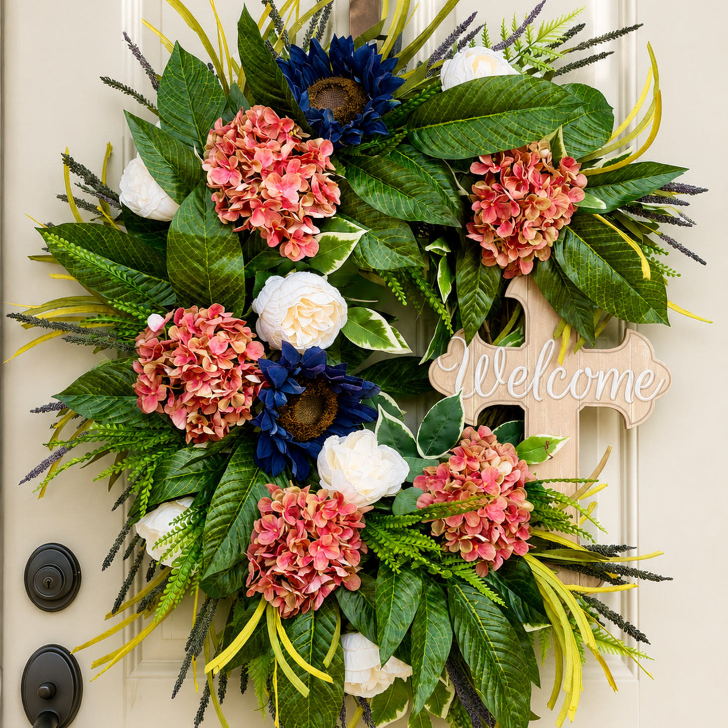 Spring/Summer Front Door Wreath, Pink Hydrangea & Navy Wreath,