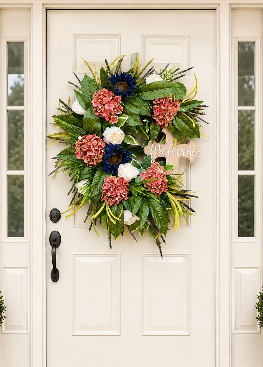 Spring/Summer Front Door Wreath, Pink Hydrangea & Navy Wreath,