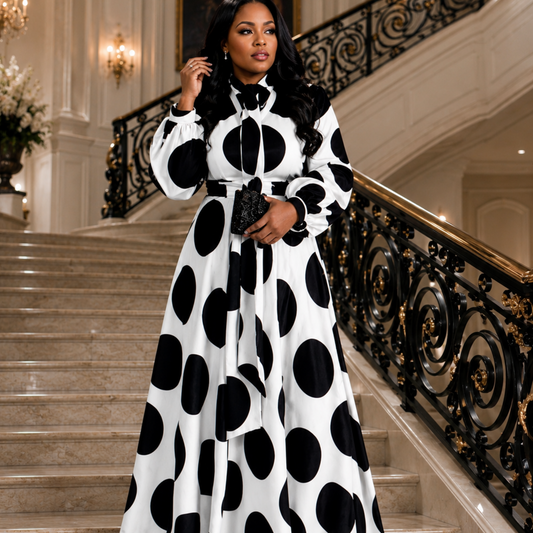 Elegant Black & White Polka Dot Maxi Dress | Statement Modest Fashion