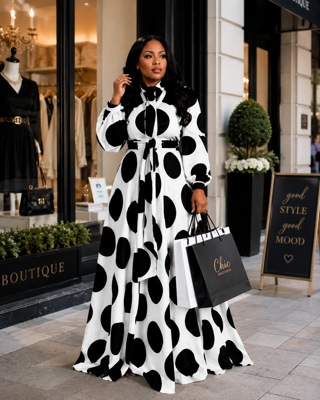 Elegant Black & White Polka Dot Maxi Dress | Statement Modest Fashion