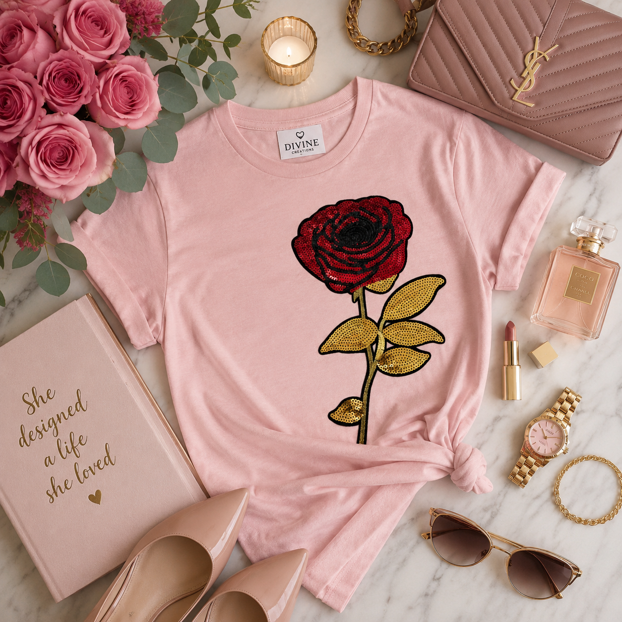 Red Rose Sequin Graphic T-Shirt | Women's Boutique Fashion Tee