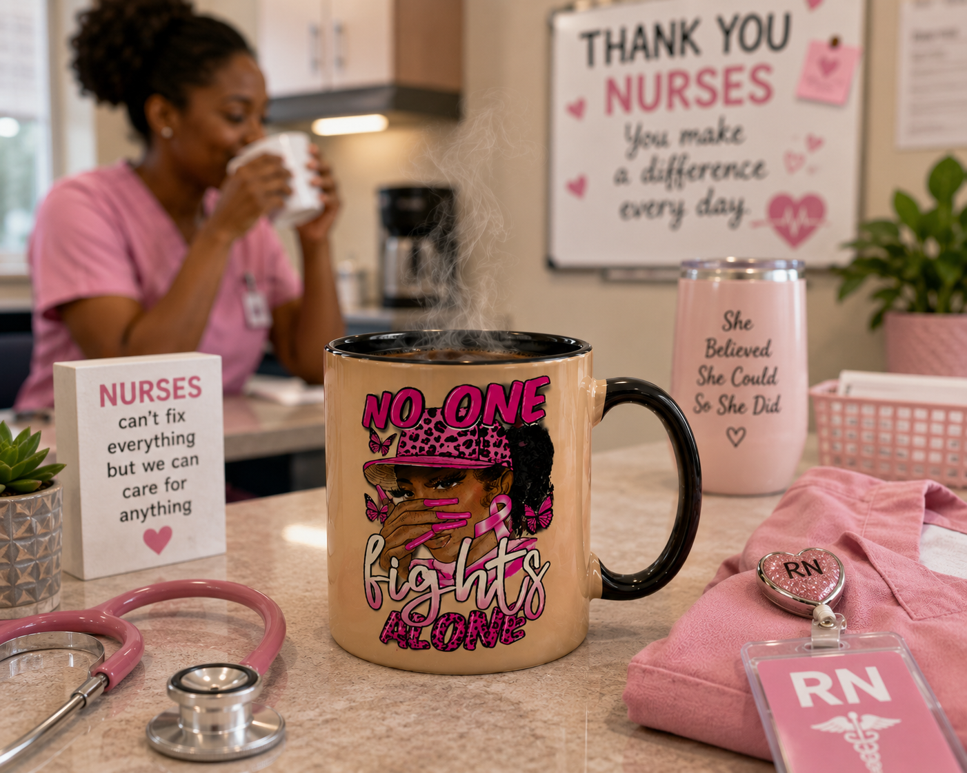Heat Reactive Color Changing Mug | No One Fights Alone Breast Cancer Awareness Coffee Mug | 11 oz Magic Mug Gift