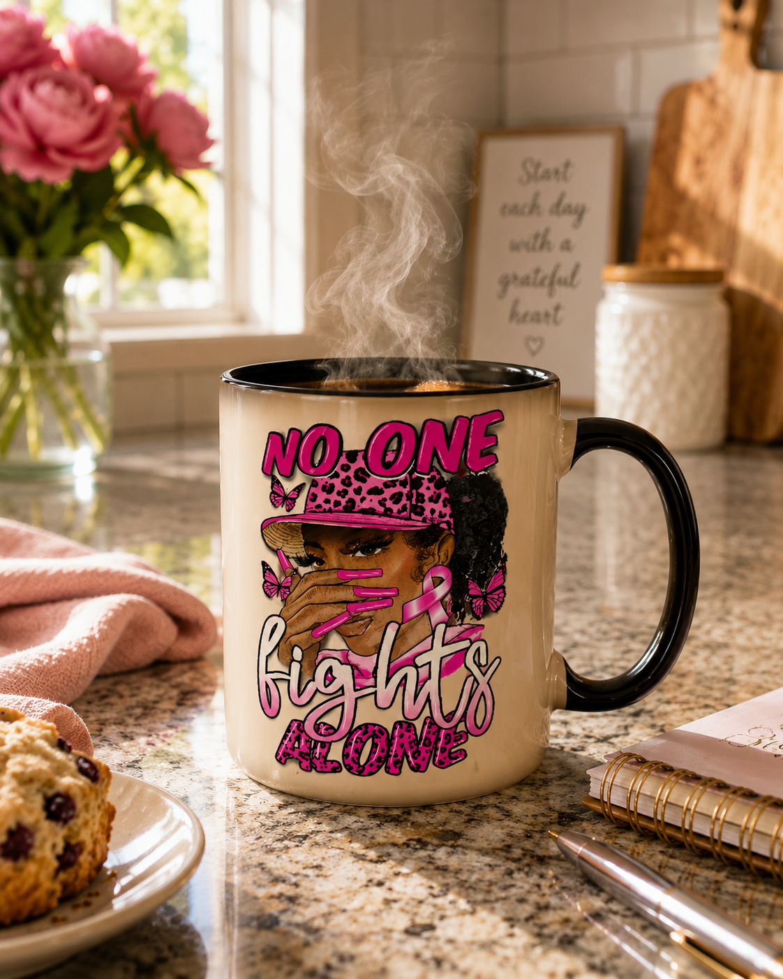 Heat Reactive Color Changing Mug | No One Fights Alone Breast Cancer Awareness Coffee Mug | 11 oz Magic Mug Gift