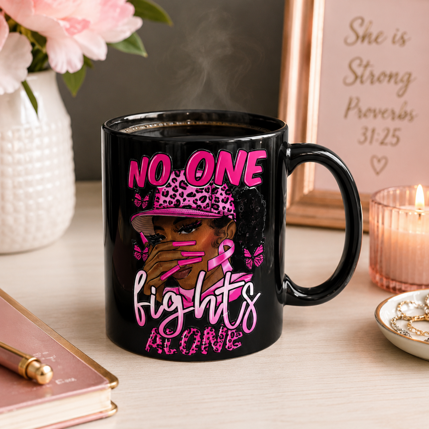 Heat Reactive Color Changing Mug | No One Fights Alone Breast Cancer Awareness Coffee Mug | 11 oz Magic Mug Gift