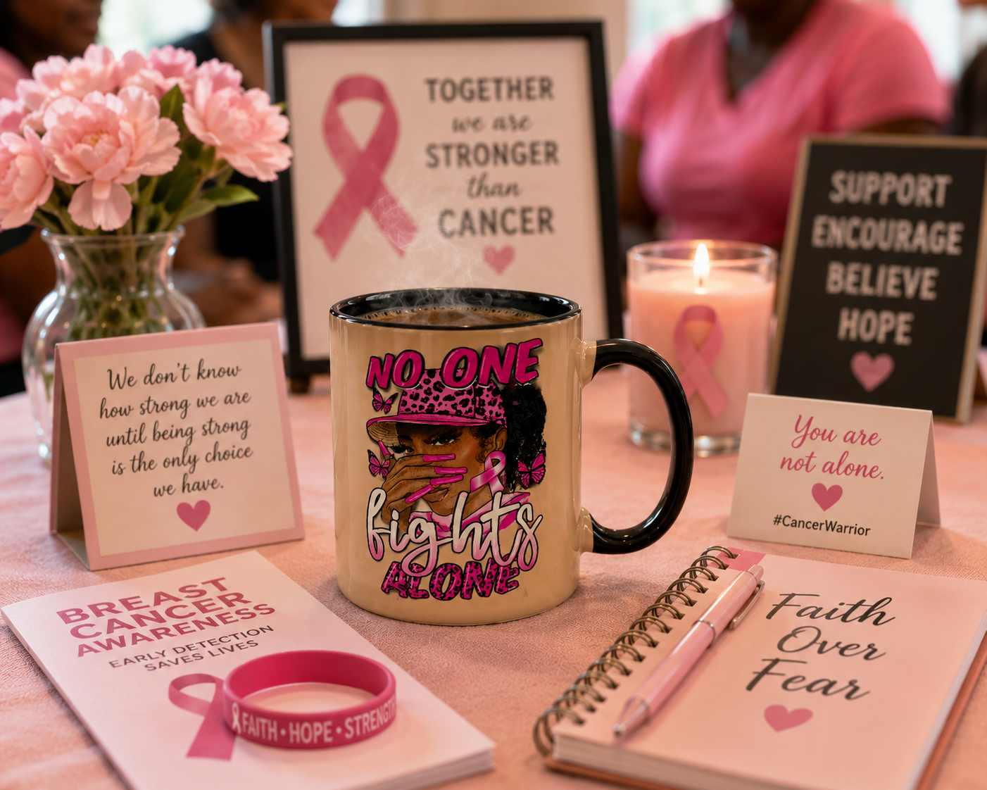 Heat Reactive Color Changing Mug | No One Fights Alone Breast Cancer Awareness Coffee Mug | 11 oz Magic Mug Gift