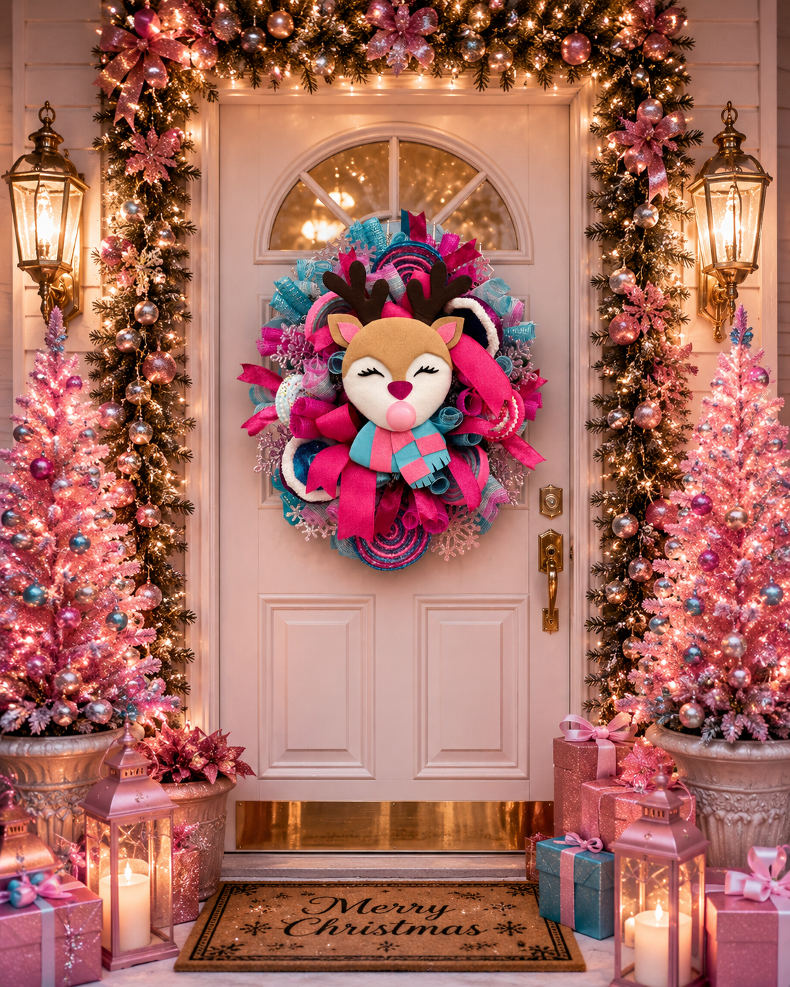 Pink & Turquoise Reindeer Christmas Wreath | Whimsical Holiday Front Door Decor | Handmade Mesh Wreath