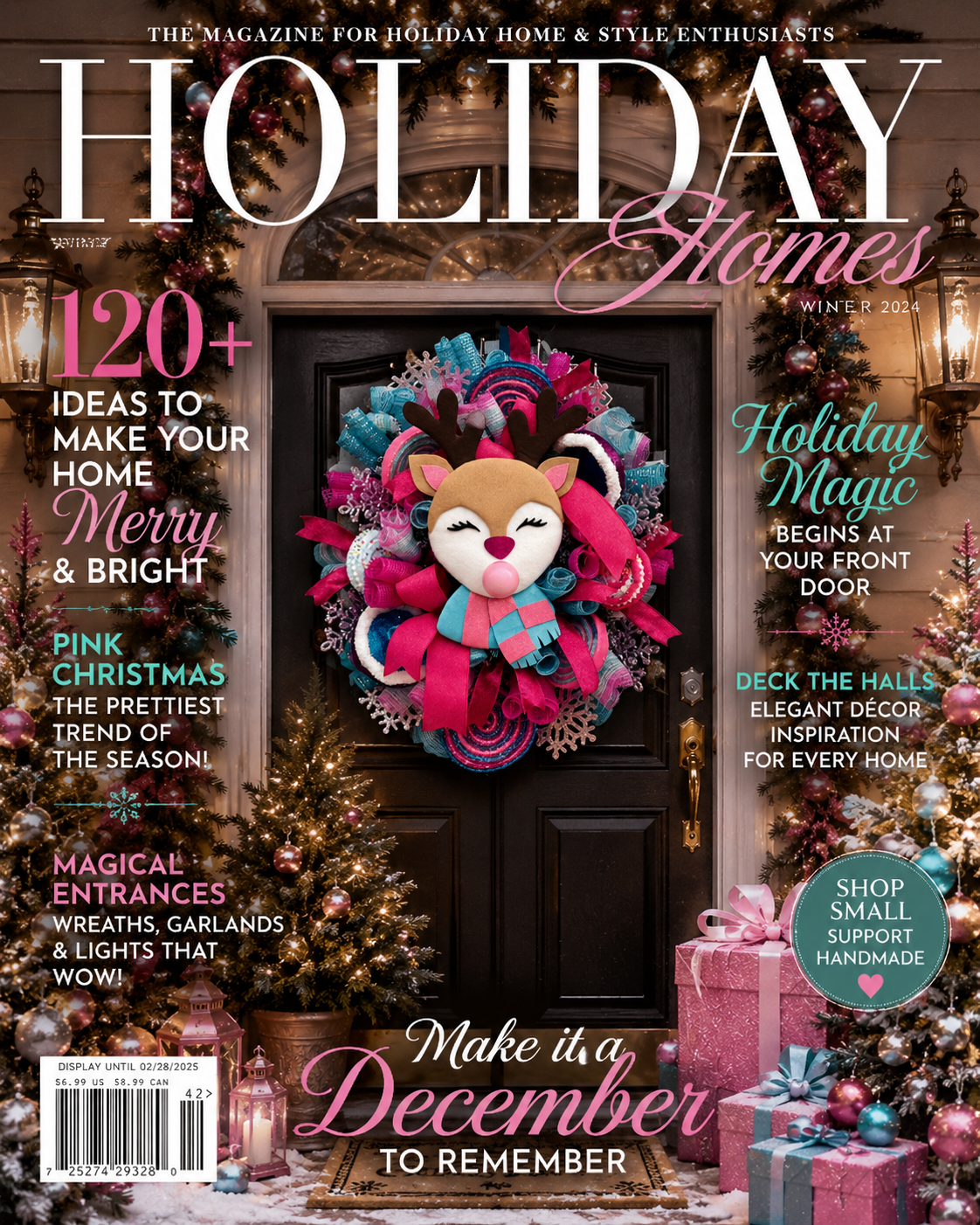 Pink & Turquoise Reindeer Christmas Wreath | Whimsical Holiday Front Door Decor | Handmade Mesh Wreath