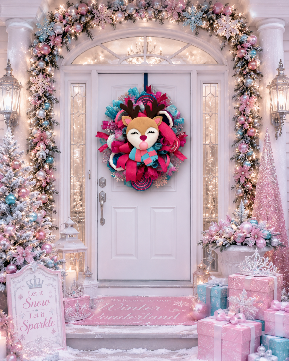 Pink & Turquoise Reindeer Christmas Wreath | Whimsical Holiday Front Door Decor | Handmade Mesh Wreath