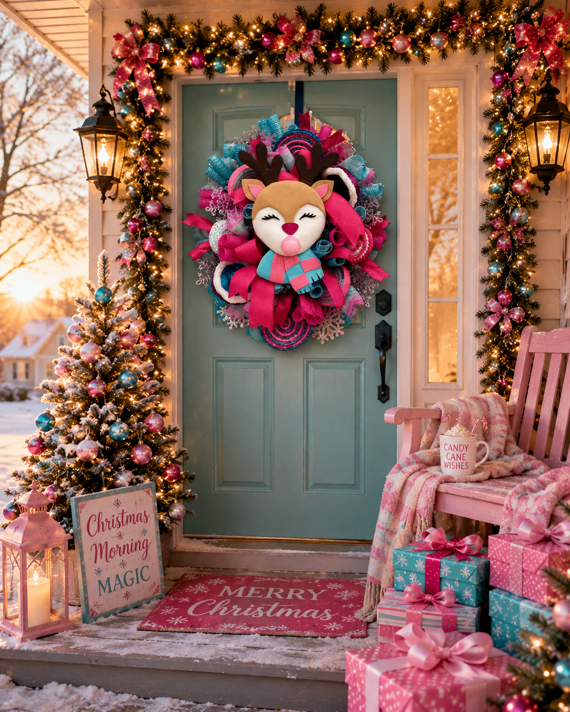 Pink & Turquoise Reindeer Christmas Wreath | Whimsical Holiday Front Door Decor | Handmade Mesh Wreath