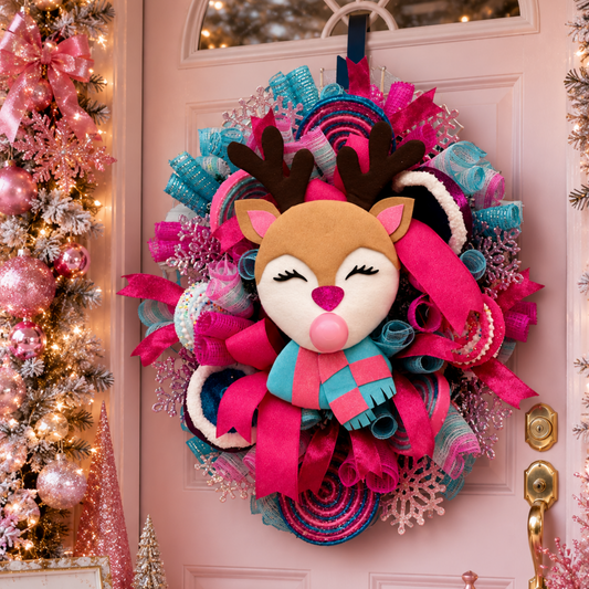 Pink & Turquoise Reindeer Christmas Wreath | Whimsical Holiday Front Door Decor | Handmade Mesh Wreath