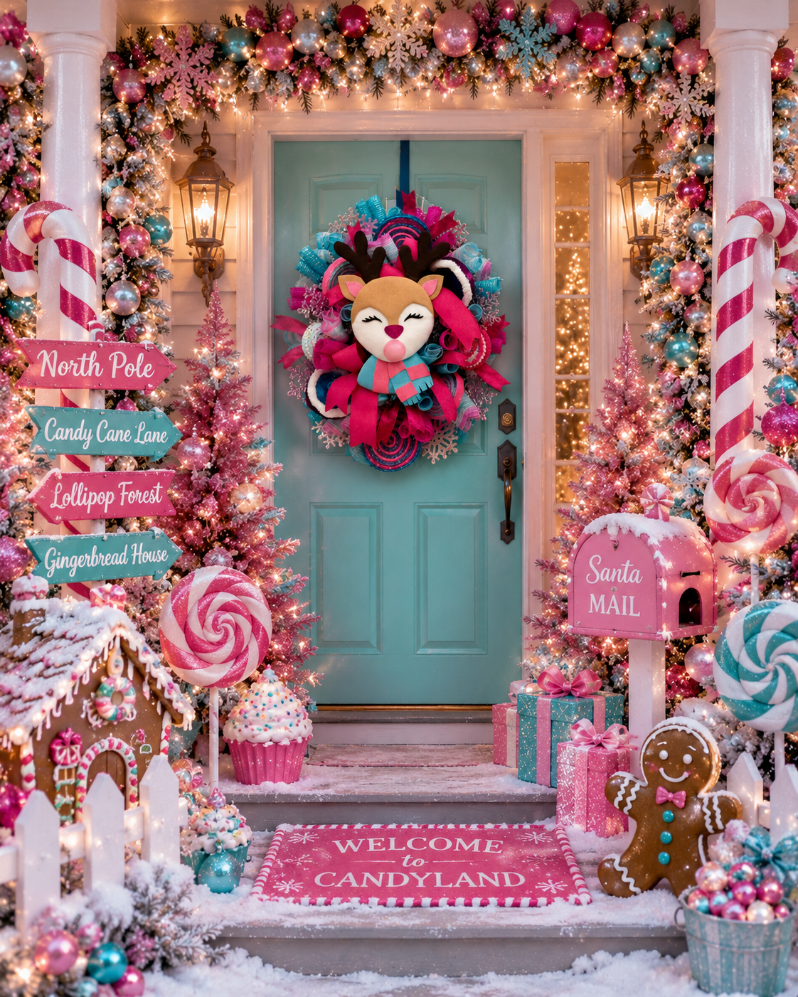 Pink & Turquoise Reindeer Christmas Wreath | Whimsical Holiday Front Door Decor | Handmade Mesh Wreath