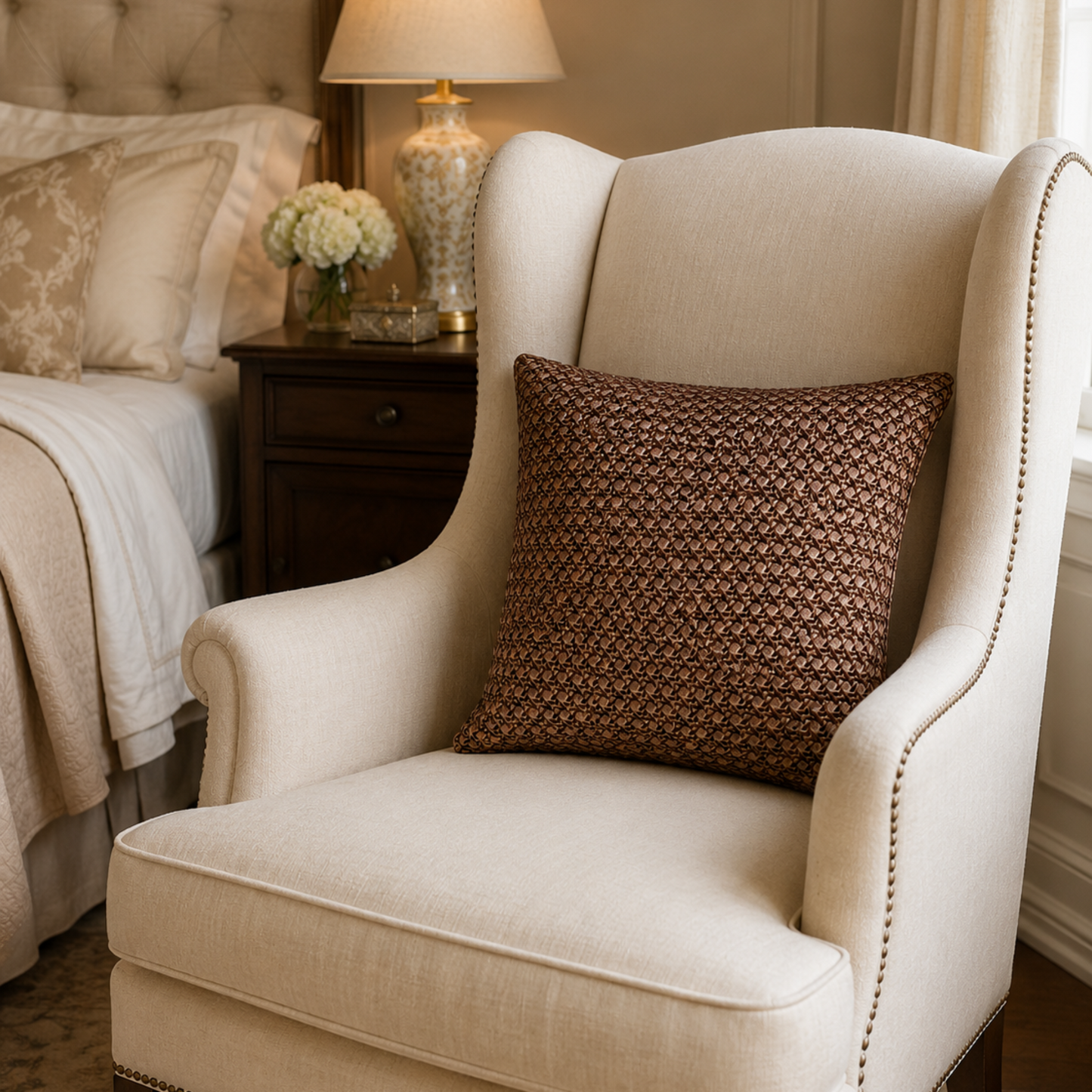 16x16” Brown French Cane Fabric Square Pillow | 100% Polyurethane Decorative Throw Pillow | Luxury Neutral Accent Pillow