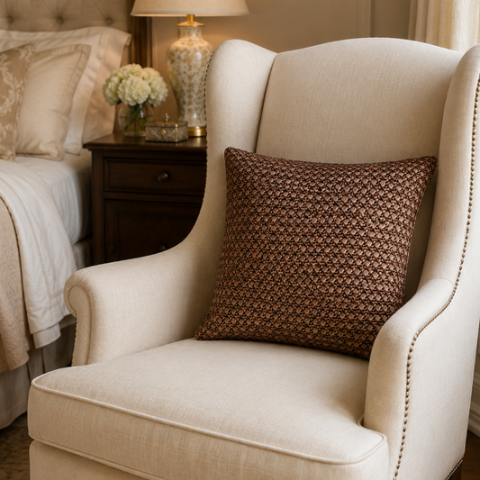 16x16” Brown French Cane Fabric Square Pillow | 100% Polyurethane Decorative Throw Pillow | Luxury Neutral Accent Pillow