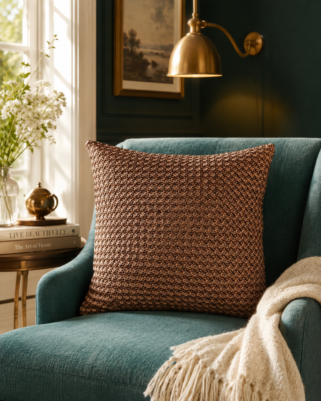 16x16” Brown French Cane Fabric Square Pillow | 100% Polyurethane Decorative Throw Pillow | Luxury Neutral Accent Pillow