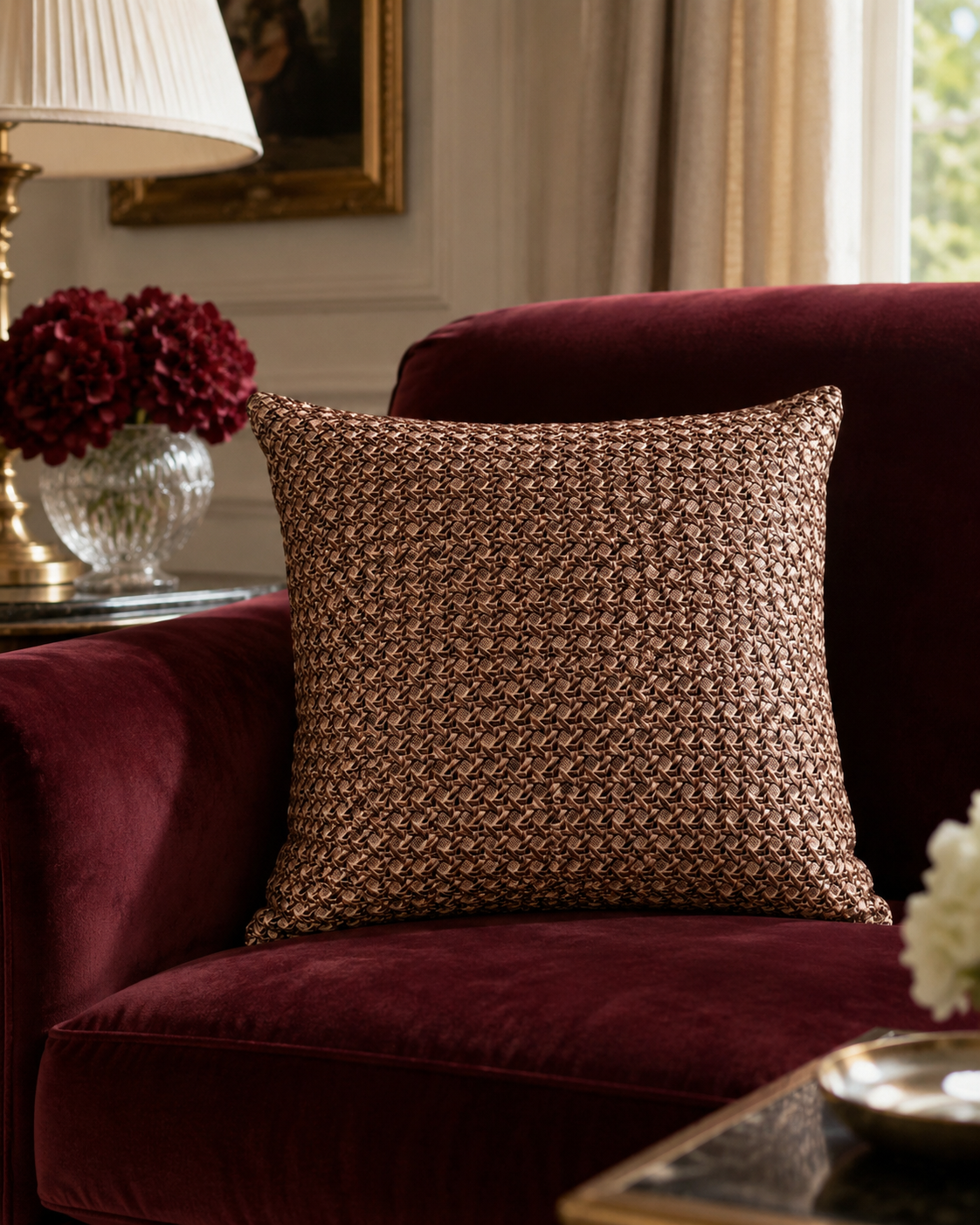 16x16” Brown French Cane Fabric Square Pillow | 100% Polyurethane Decorative Throw Pillow | Luxury Neutral Accent Pillow