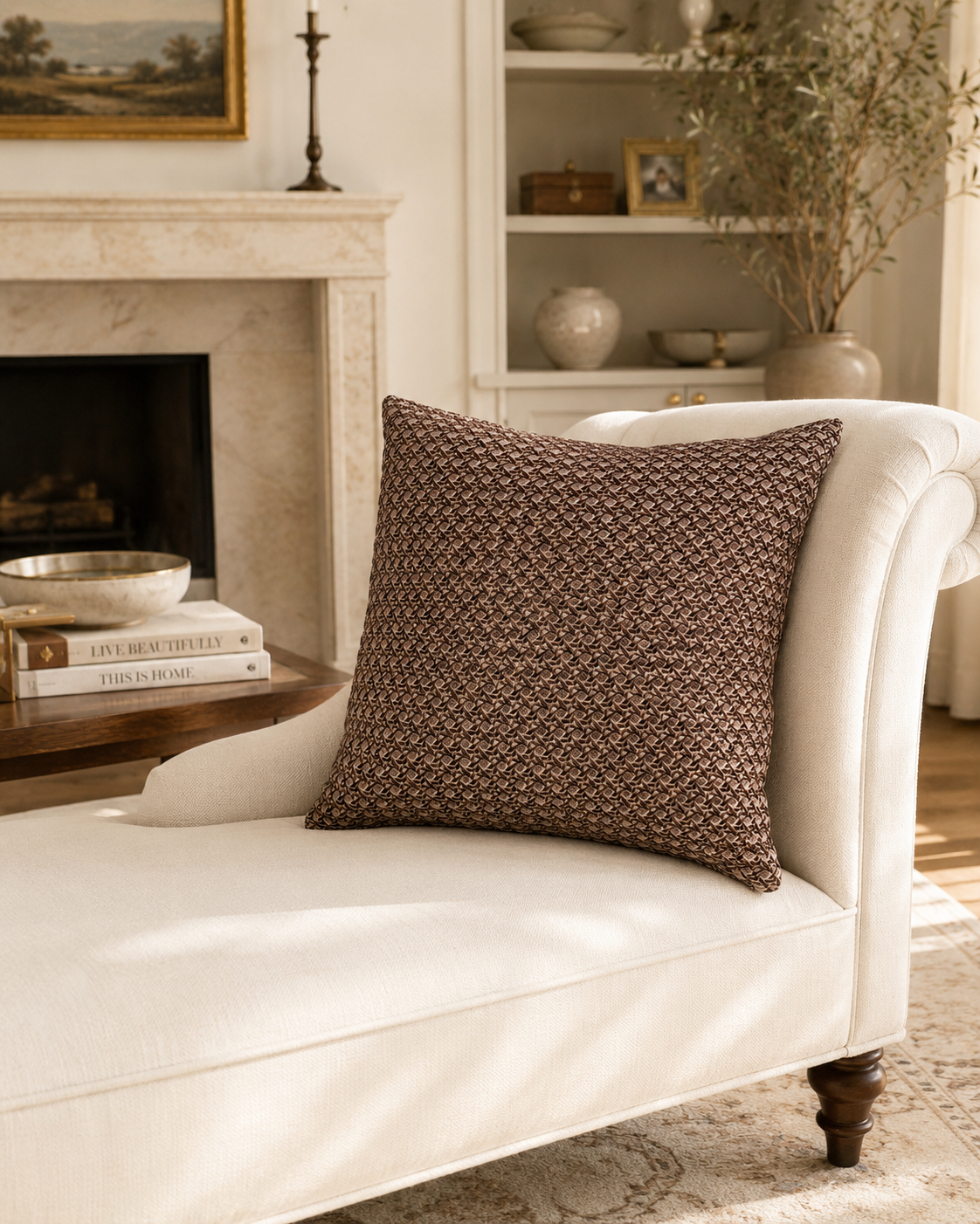 16x16” Brown French Cane Fabric Square Pillow | 100% Polyurethane Decorative Throw Pillow | Luxury Neutral Accent Pillow