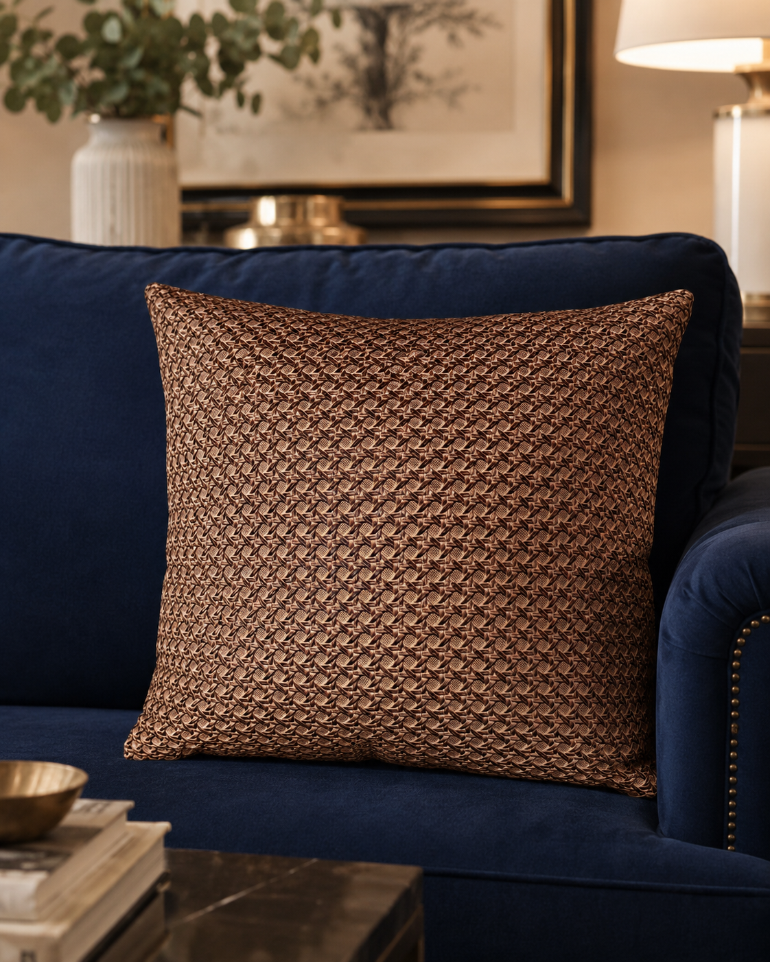 16x16” Brown French Cane Fabric Square Pillow | 100% Polyurethane Decorative Throw Pillow | Luxury Neutral Accent Pillow