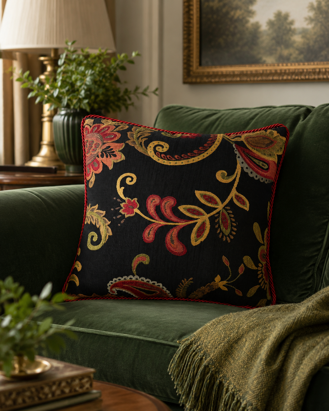 Handmade 16x16 Floral Paisley Decorative Throw Pillow – Black with Burgundy Trim