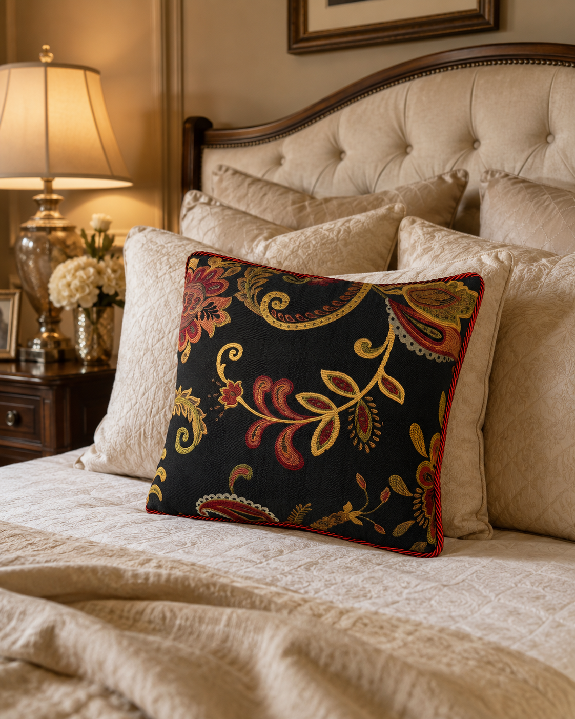 Handmade 16x16 Floral Paisley Decorative Throw Pillow – Black with Burgundy Trim