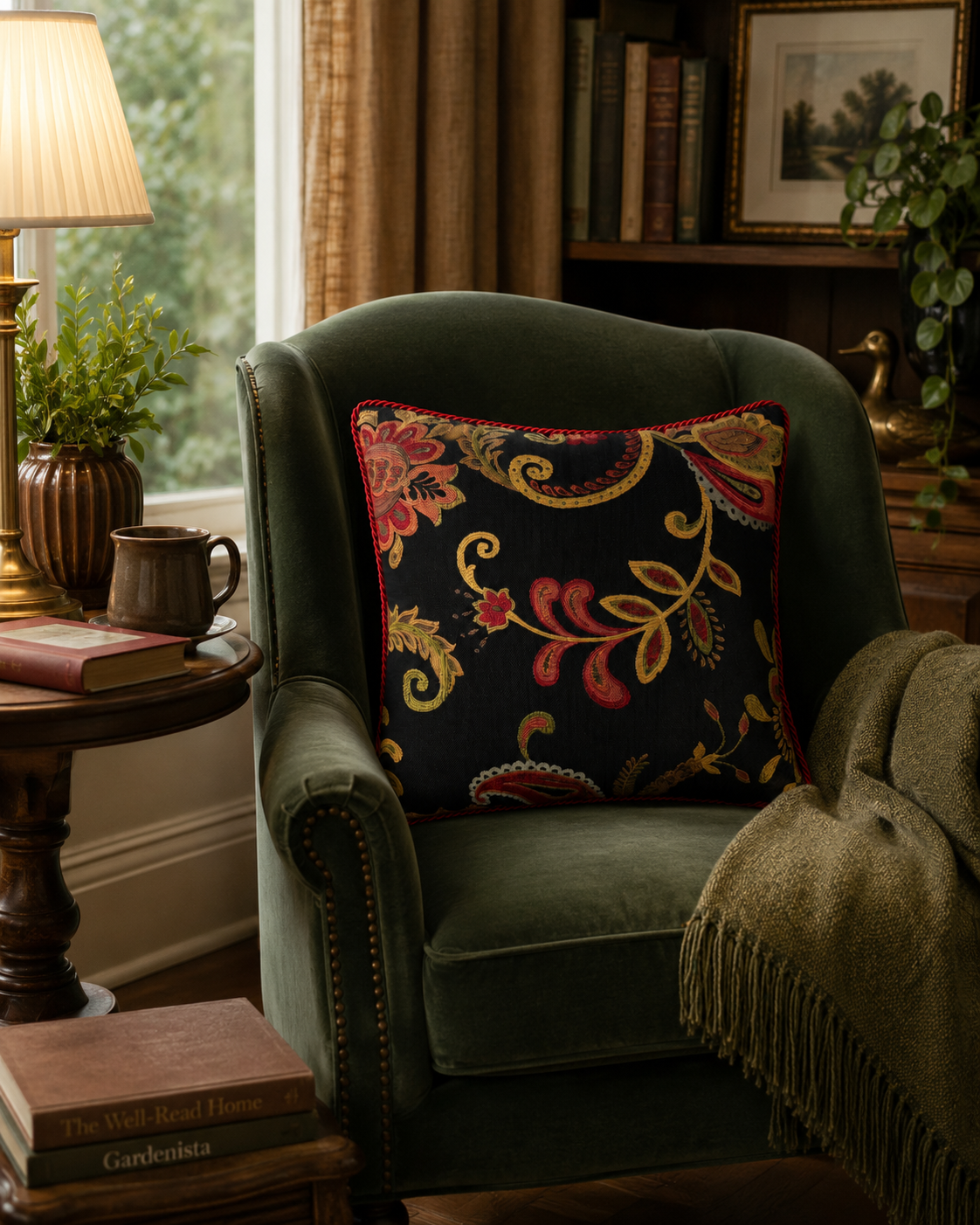 Handmade 16x16 Floral Paisley Decorative Throw Pillow – Black with Burgundy Trim