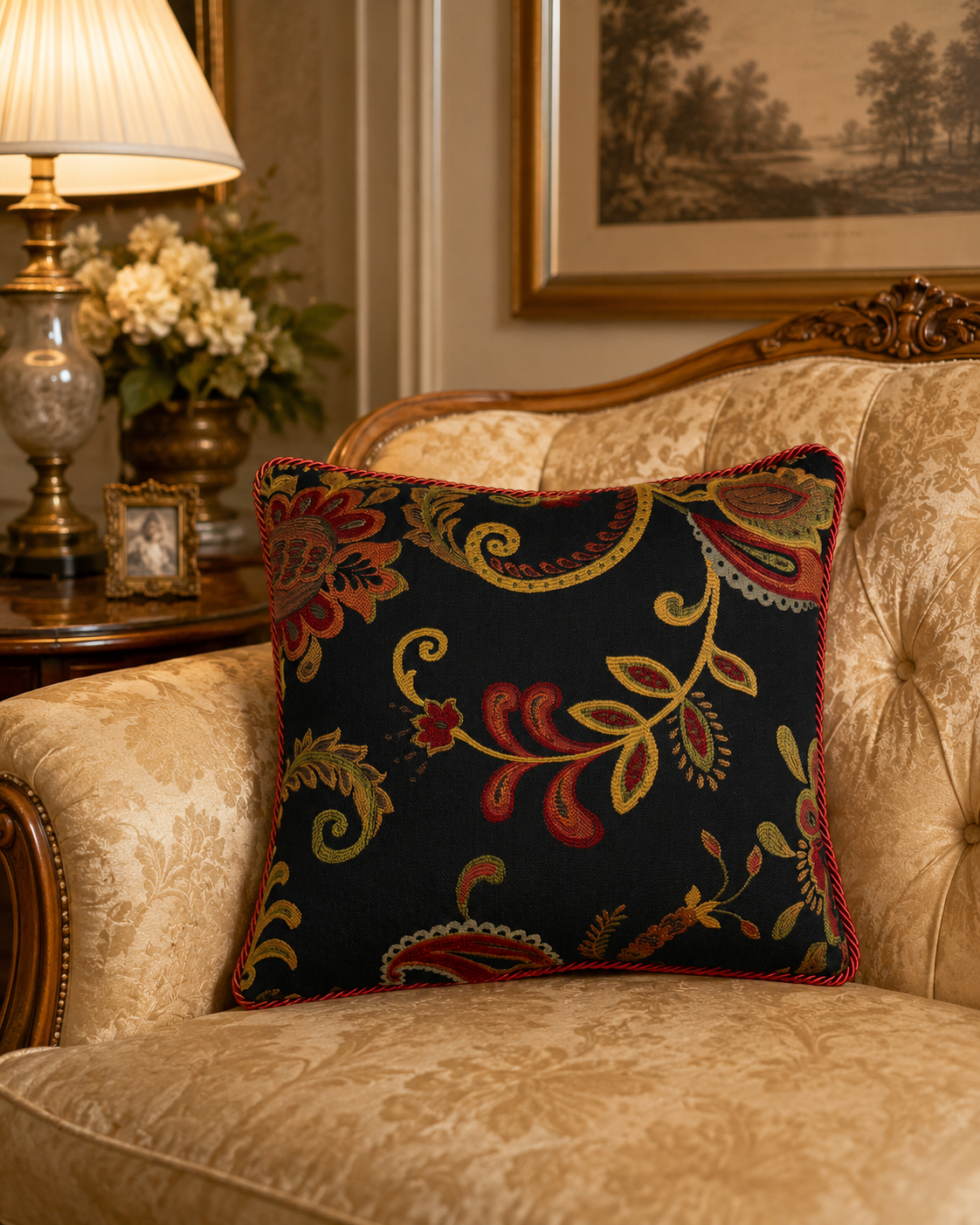 Handmade 16x16 Floral Paisley Decorative Throw Pillow – Black with Burgundy Trim