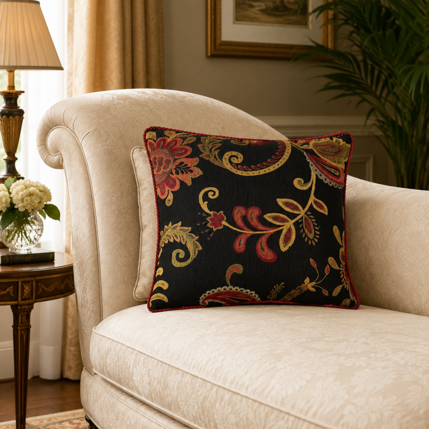 Handmade 16x16 Floral Paisley Decorative Throw Pillow – Black with Burgundy Trim