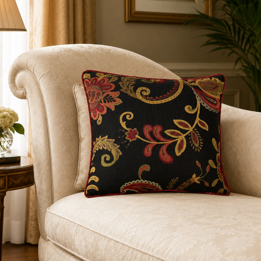 Handmade 16x16 Floral Paisley Decorative Throw Pillow – Black with Burgundy Trim