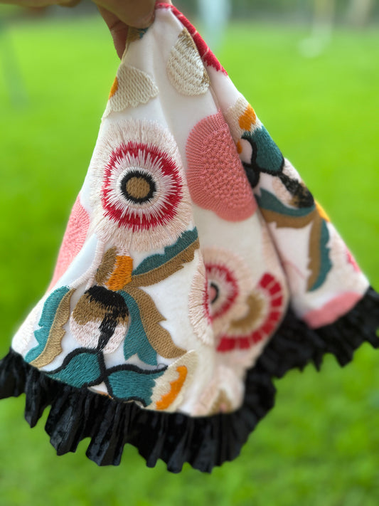 Handmade Sheer Embroidered Floral Boutique Lap Scarf with Black Ruffle Trim | 18 x 18 Inches