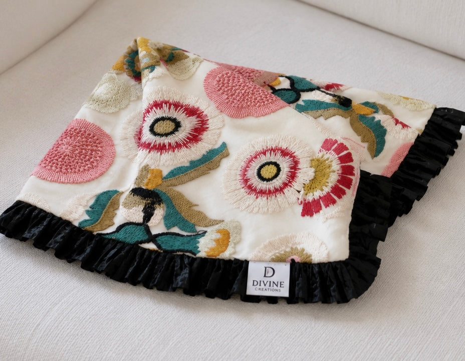Handmade Sheer Embroidered Floral Boutique Lap Scarf with Black Ruffle Trim | 18 x 18 Inches