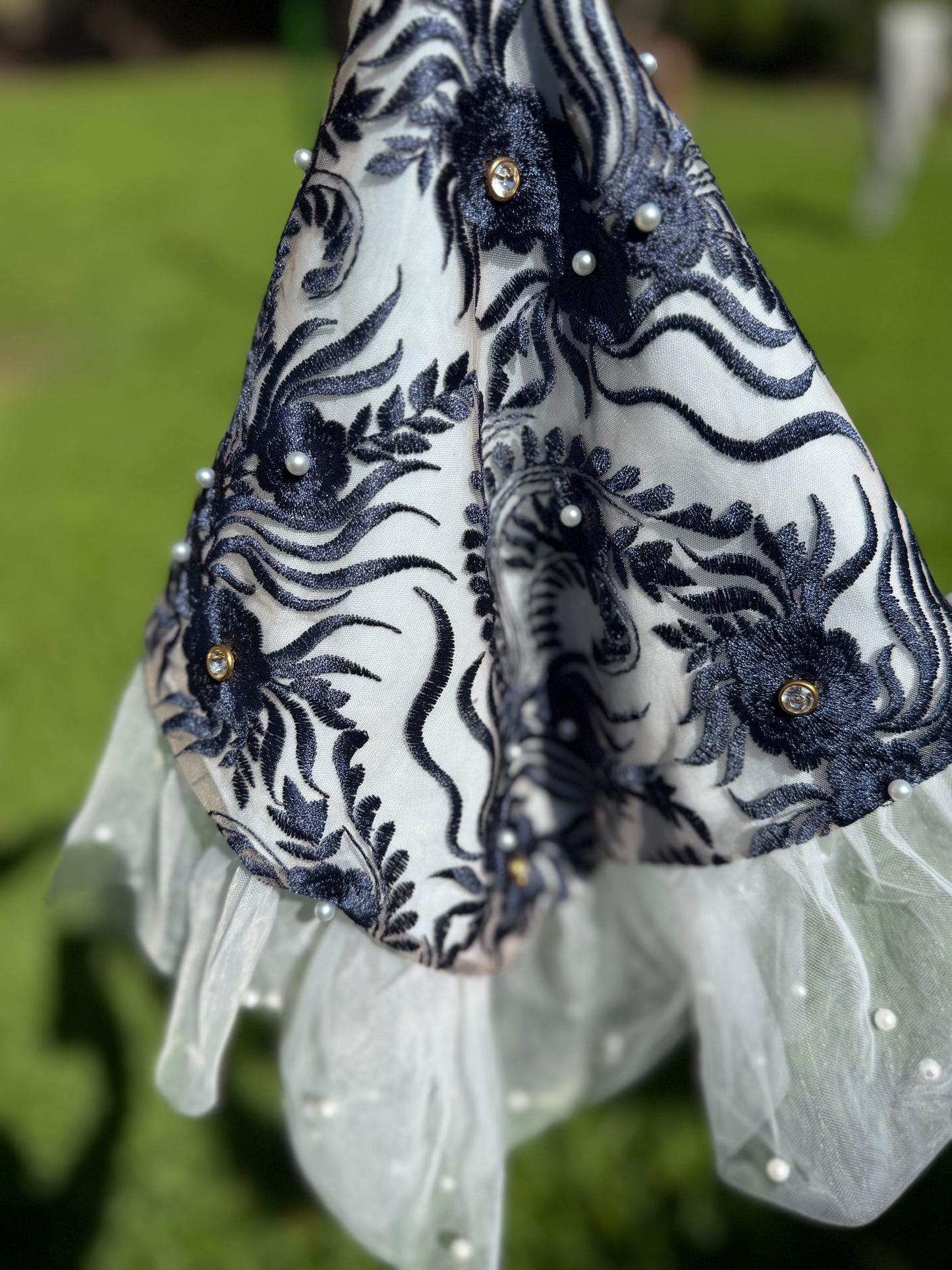 Navy Floral Pearl-Embellished Handkerchief/Lap Scarf