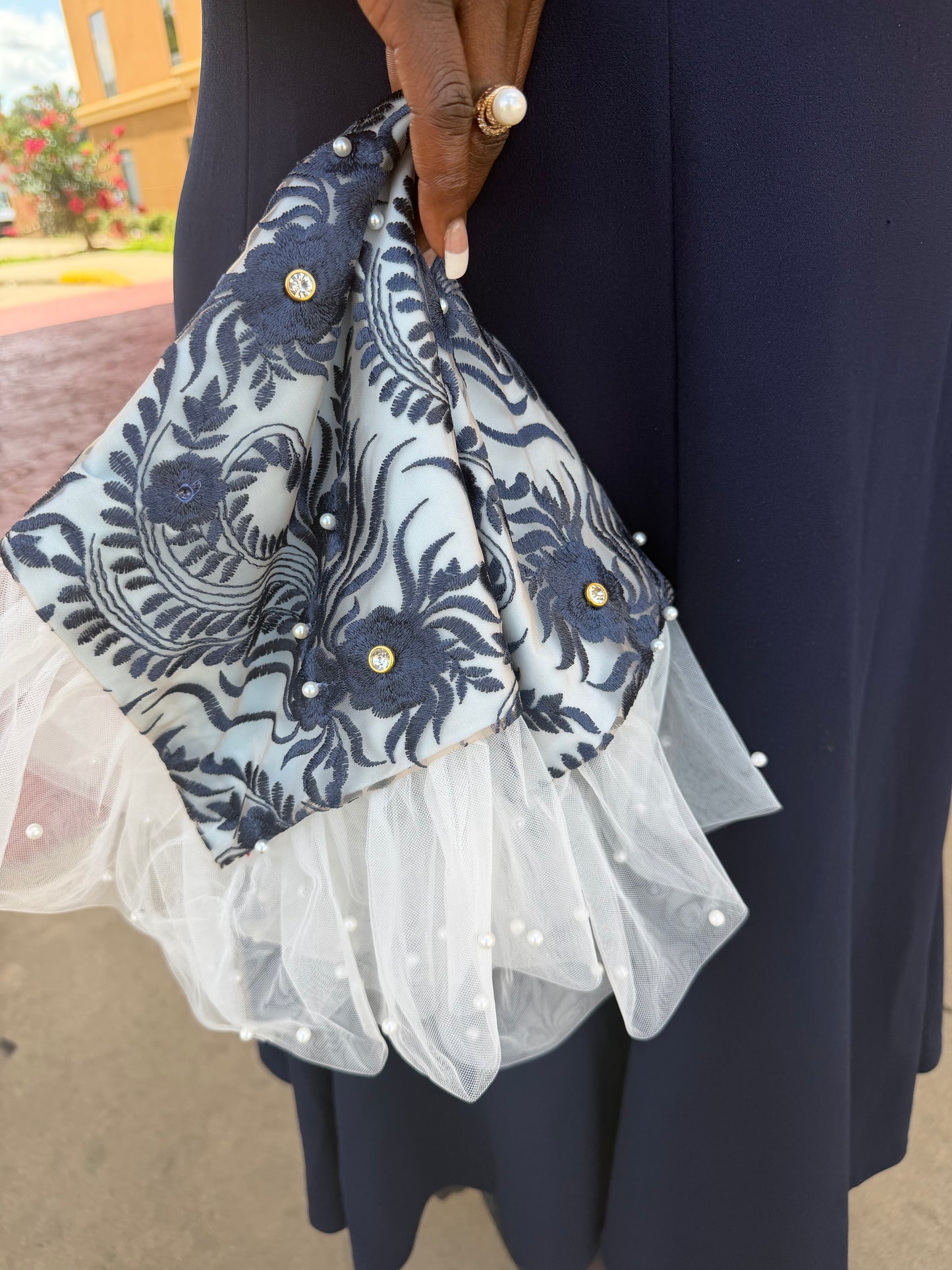Navy Floral Pearl-Embellished Handkerchief/Lap Scarf