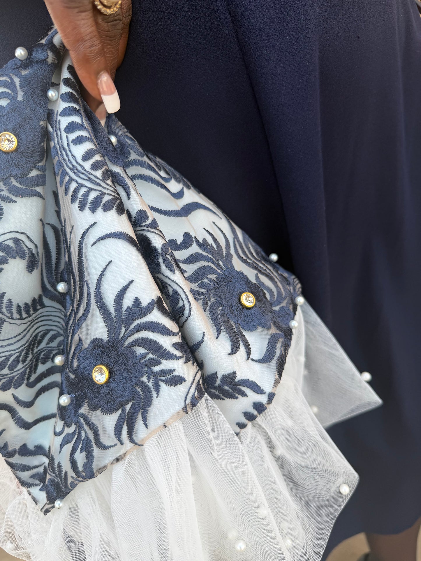 Navy Floral Pearl-Embellished Handkerchief/Lap Scarf