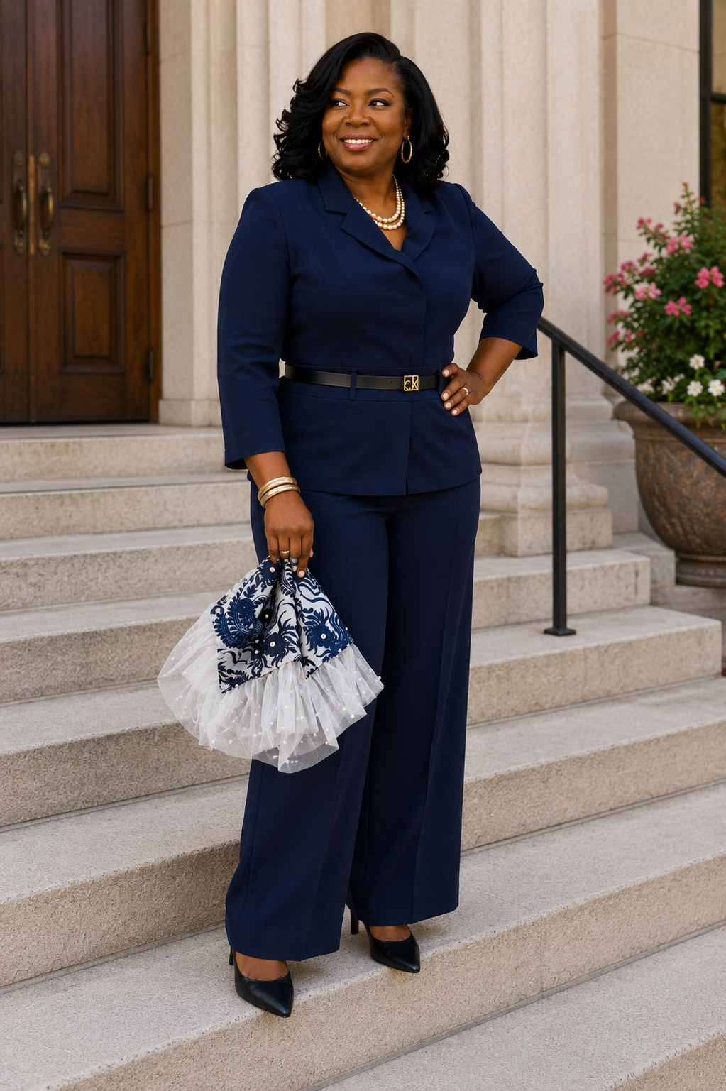 Navy Floral Pearl-Embellished Handkerchief/Lap Scarf