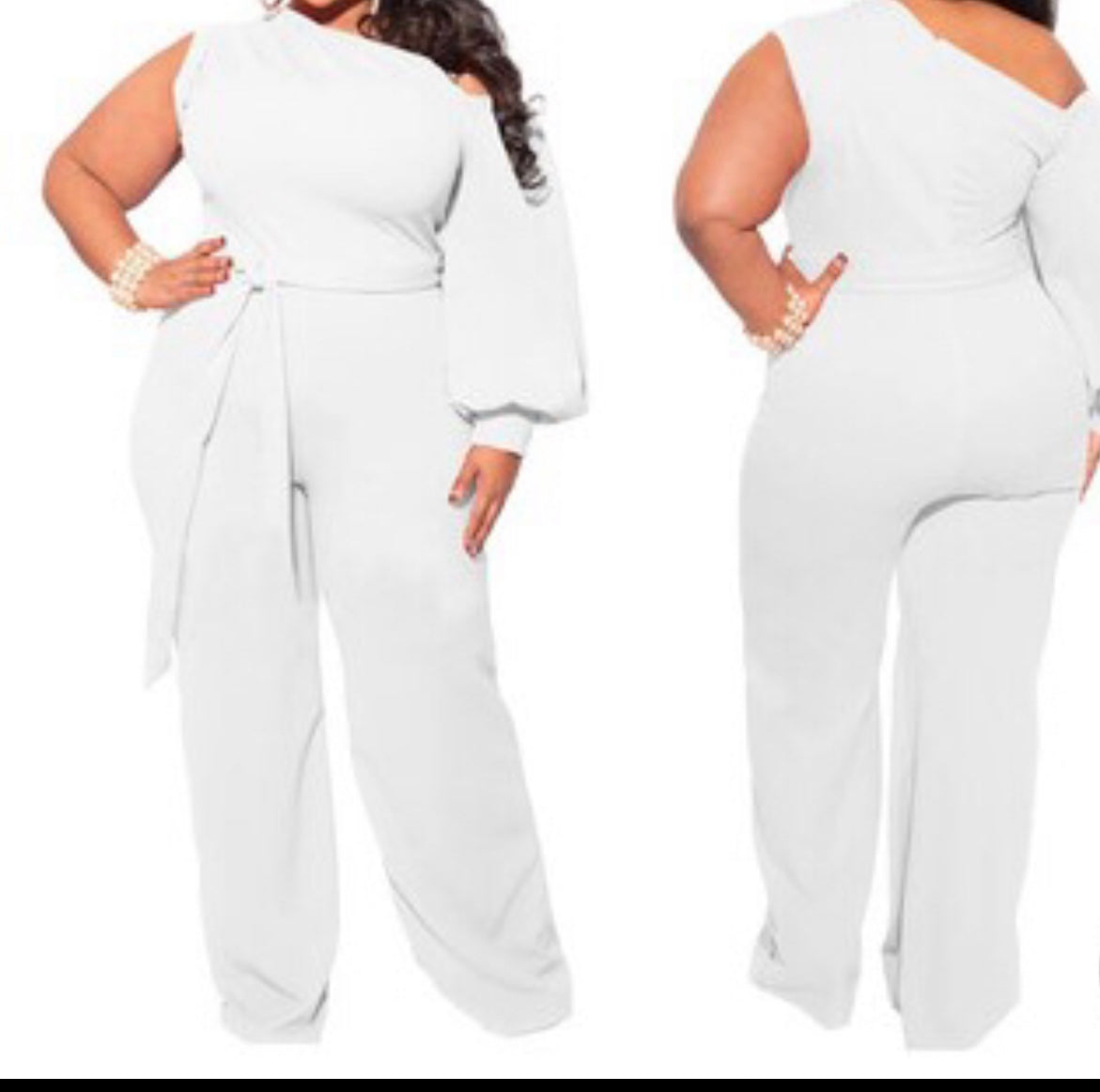 Plus Size One-Shoulder Jumpsuit – Elegant Wide-Leg Fit with Waist Tie