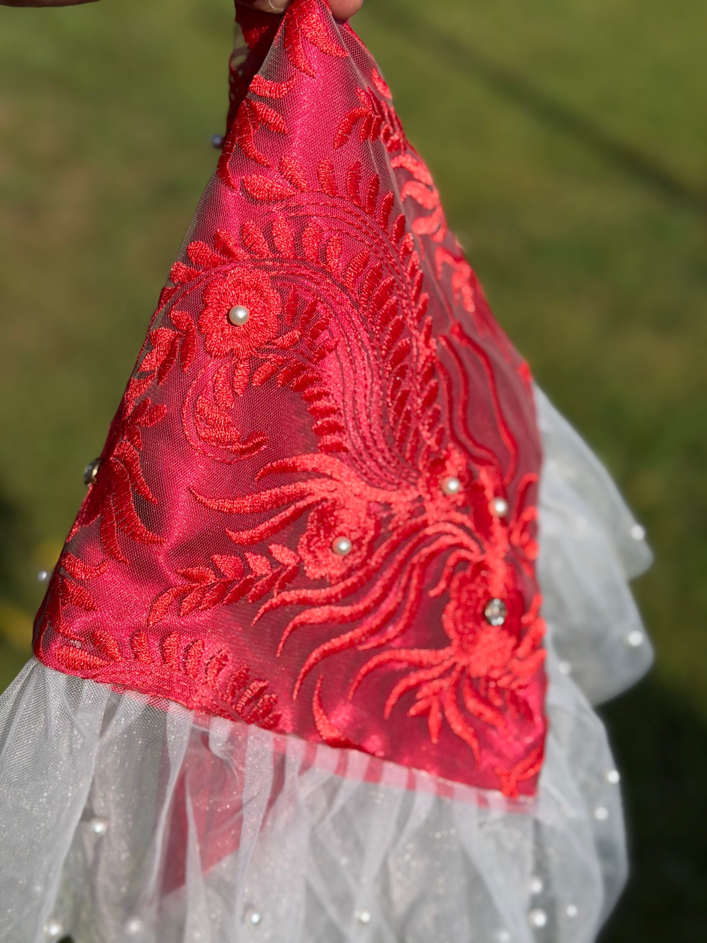 Red Floral Pearl-Embellished Handkerchief/Lap Scarf