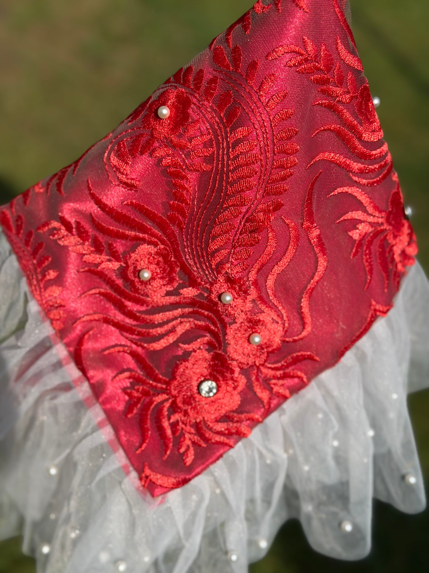 Red Floral Pearl-Embellished Handkerchief/Lap Scarf